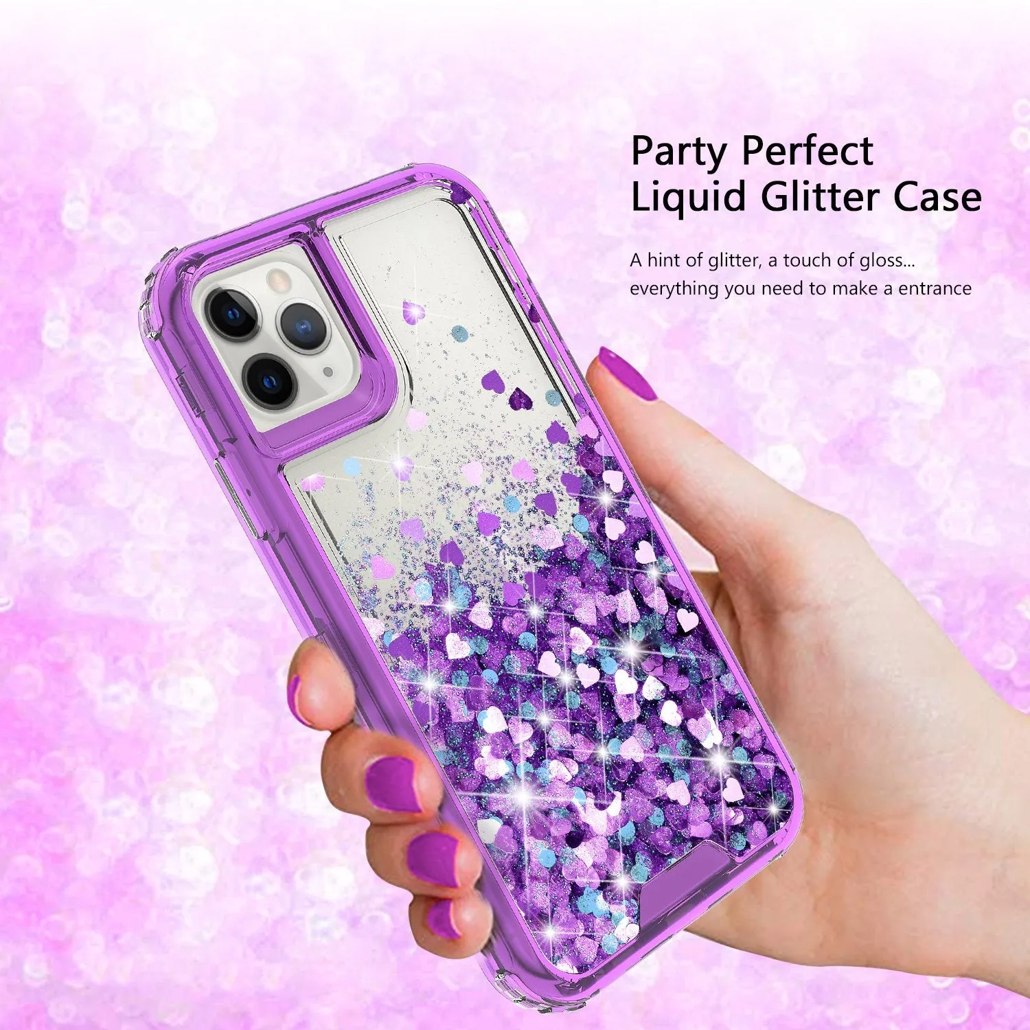 Apple iPhone 12 Pro Max Case,Hard Clear Glitter Sparkle Flowing Liquid Heavy Duty Shockproof Three Layer Protective Bling Girls Women Cases for Apple iPhone 12 Pro Max - Purple