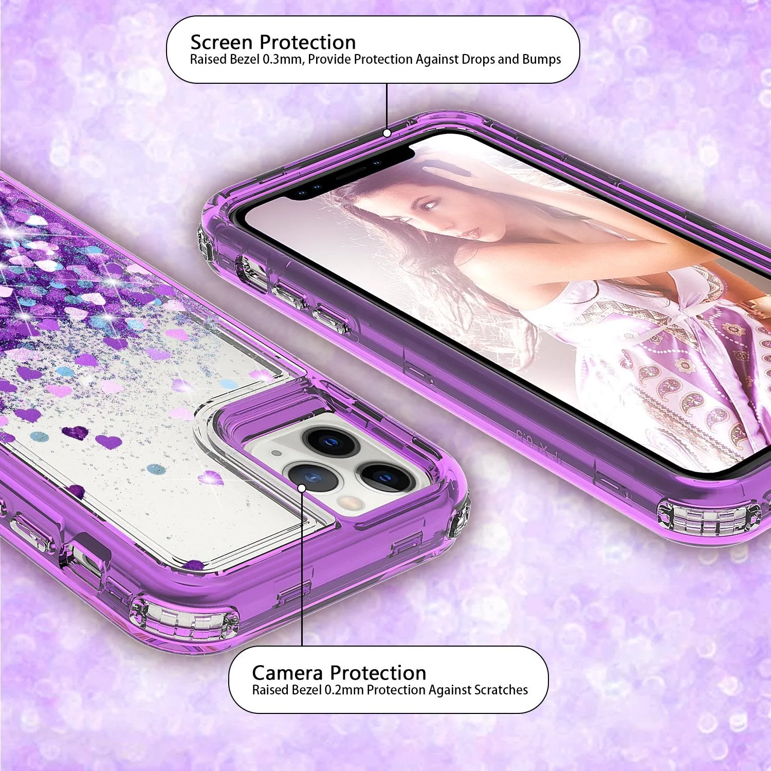 Apple iPhone 12 Pro Max Case,Hard Clear Glitter Sparkle Flowing Liquid Heavy Duty Shockproof Three Layer Protective Bling Girls Women Cases for Apple iPhone 12 Pro Max - Purple
