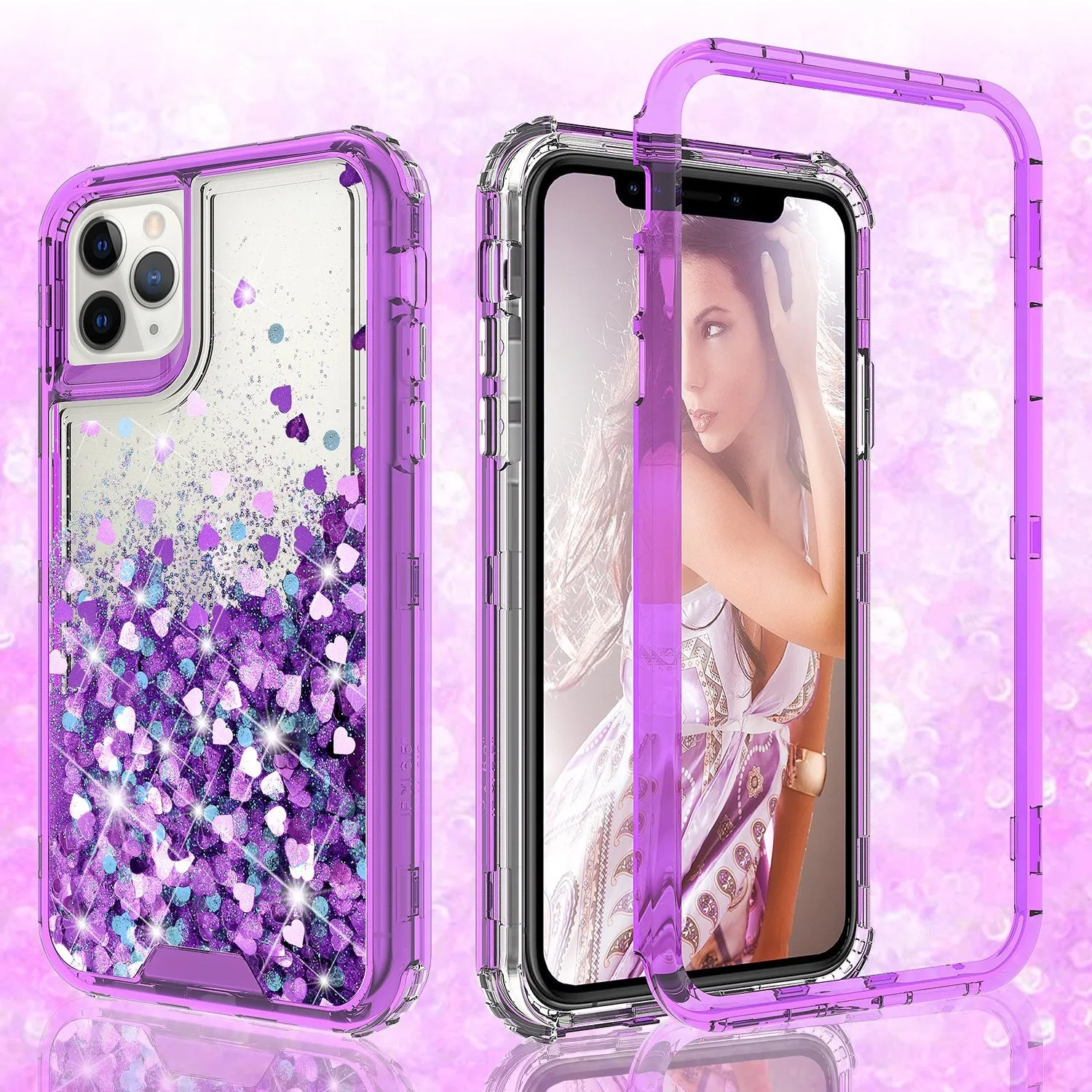 Apple iPhone 12 Pro Max Case,Hard Clear Glitter Sparkle Flowing Liquid Heavy Duty Shockproof Three Layer Protective Bling Girls Women Cases for Apple iPhone 12 Pro Max - Purple