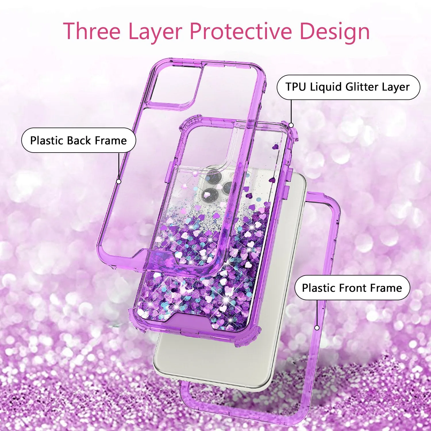 Apple iPhone 12 Pro Max Case,Hard Clear Glitter Sparkle Flowing Liquid Heavy Duty Shockproof Three Layer Protective Bling Girls Women Cases for Apple iPhone 12 Pro Max - Purple