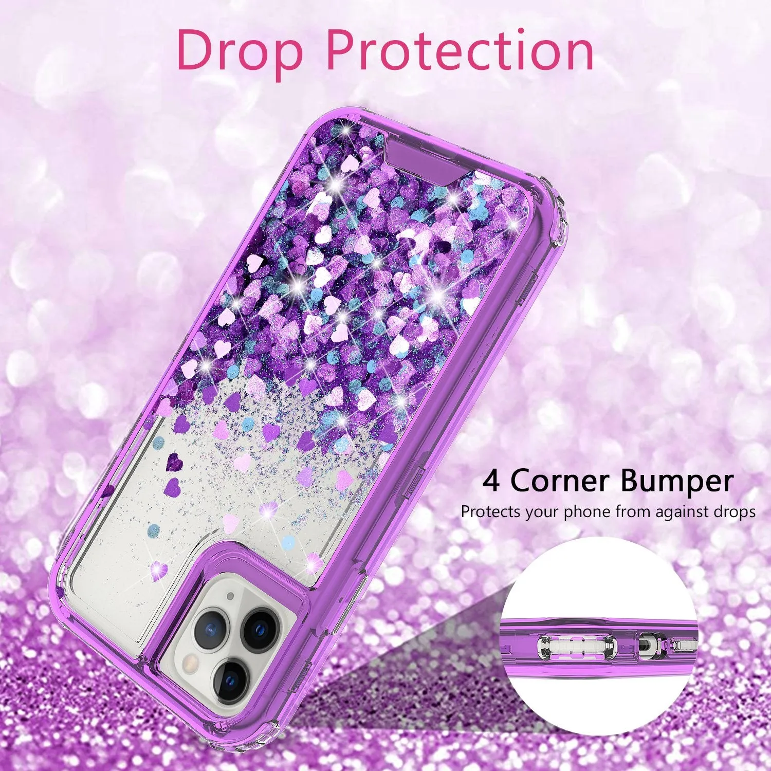 Apple iPhone 12 Pro Max Case,Hard Clear Glitter Sparkle Flowing Liquid Heavy Duty Shockproof Three Layer Protective Bling Girls Women Cases for Apple iPhone 12 Pro Max - Purple