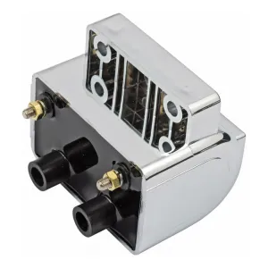 'Late' OEM style ignition coil. 12V, 4 ohm. Chrome - 80-84 Shovel B.T.; 80-84 XL. With electronic ignition (Dual fire)