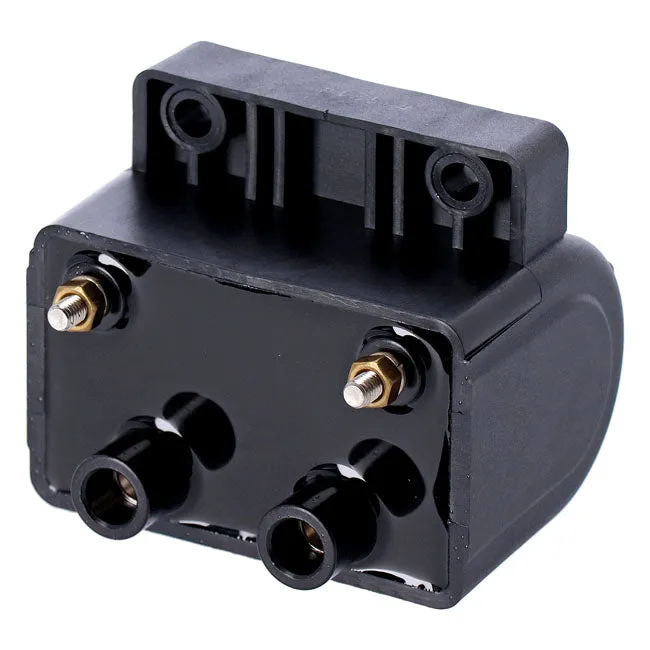 'Late' OEM style ignition coil. 12V, 5 ohm. Black - 65-99 B.T.; 65-03 XL. For points ignition (excl. Twin Cam & other single fire models) in custom applications. (Dual fire, carbureted models)