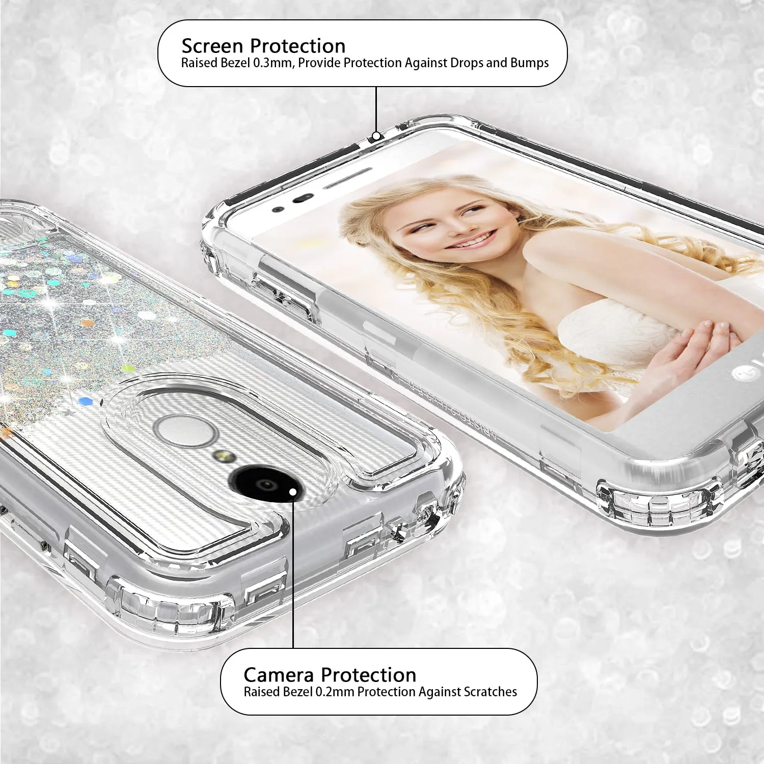 LG Aristo 3 | Aristo 3 Plus | Tribute Empire | K8S | K8 Plus | Rebel 4 | Zone 4 | Phoenix 4 Case, Hard Clear Glitter Sparkle Liquid Heavy Duty Shockproof Triple Layer Protective Bling Girls Women Case Cover - Clear