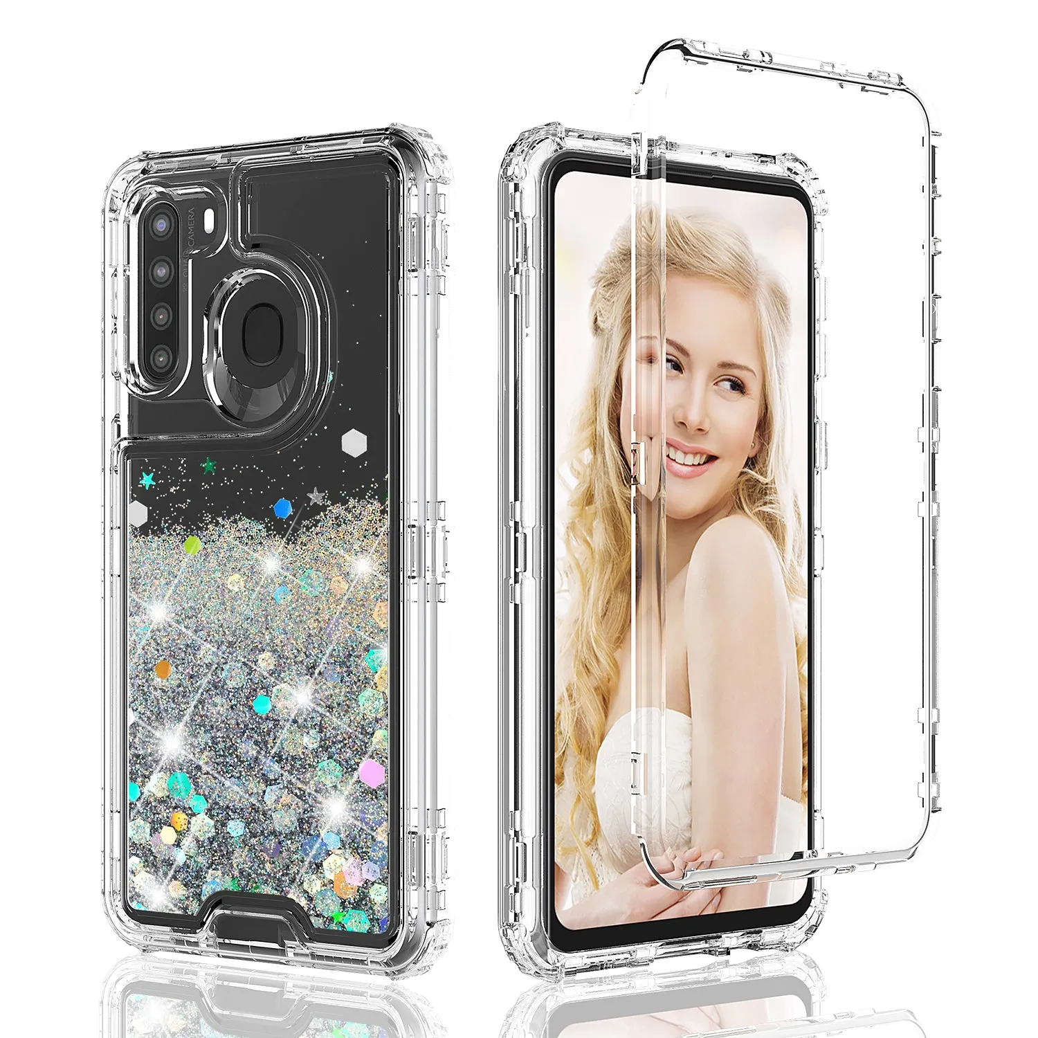 Samsung Galaxy A11 Case,Hard Clear Glitter Sparkle Flowing Liquid Heavy Duty Shockproof Three Layer Protective Bling Girls Women Cases for Samsung Galaxy A11 - Clear