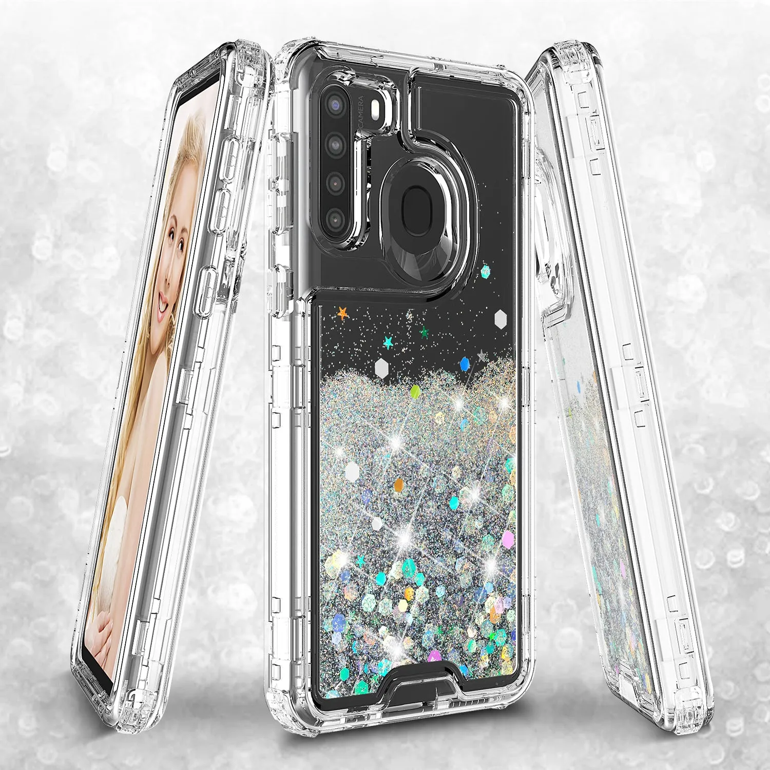 Samsung Galaxy A11 Case,Hard Clear Glitter Sparkle Flowing Liquid Heavy Duty Shockproof Three Layer Protective Bling Girls Women Cases for Samsung Galaxy A11 - Clear