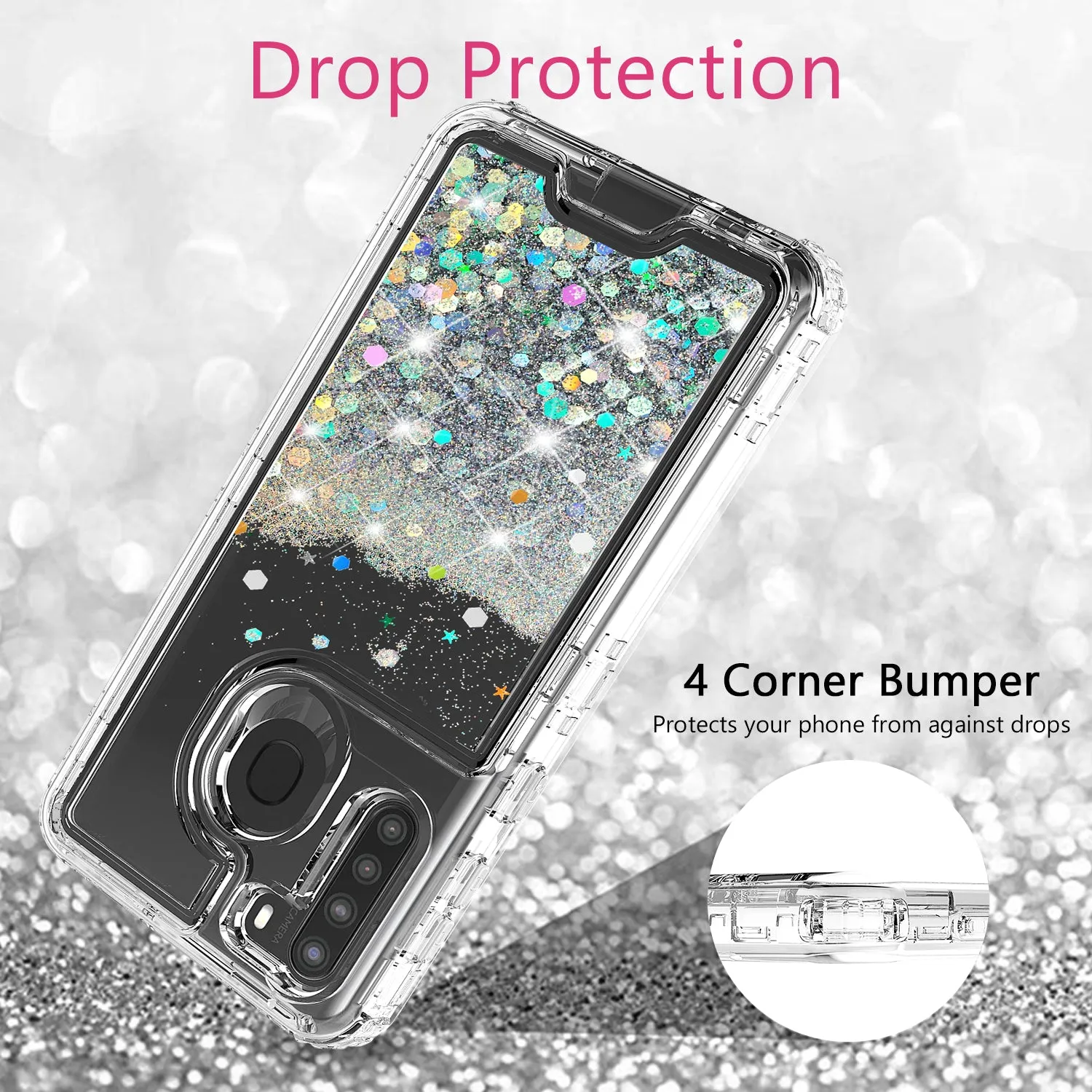 Samsung Galaxy A11 Case,Hard Clear Glitter Sparkle Flowing Liquid Heavy Duty Shockproof Three Layer Protective Bling Girls Women Cases for Samsung Galaxy A11 - Clear