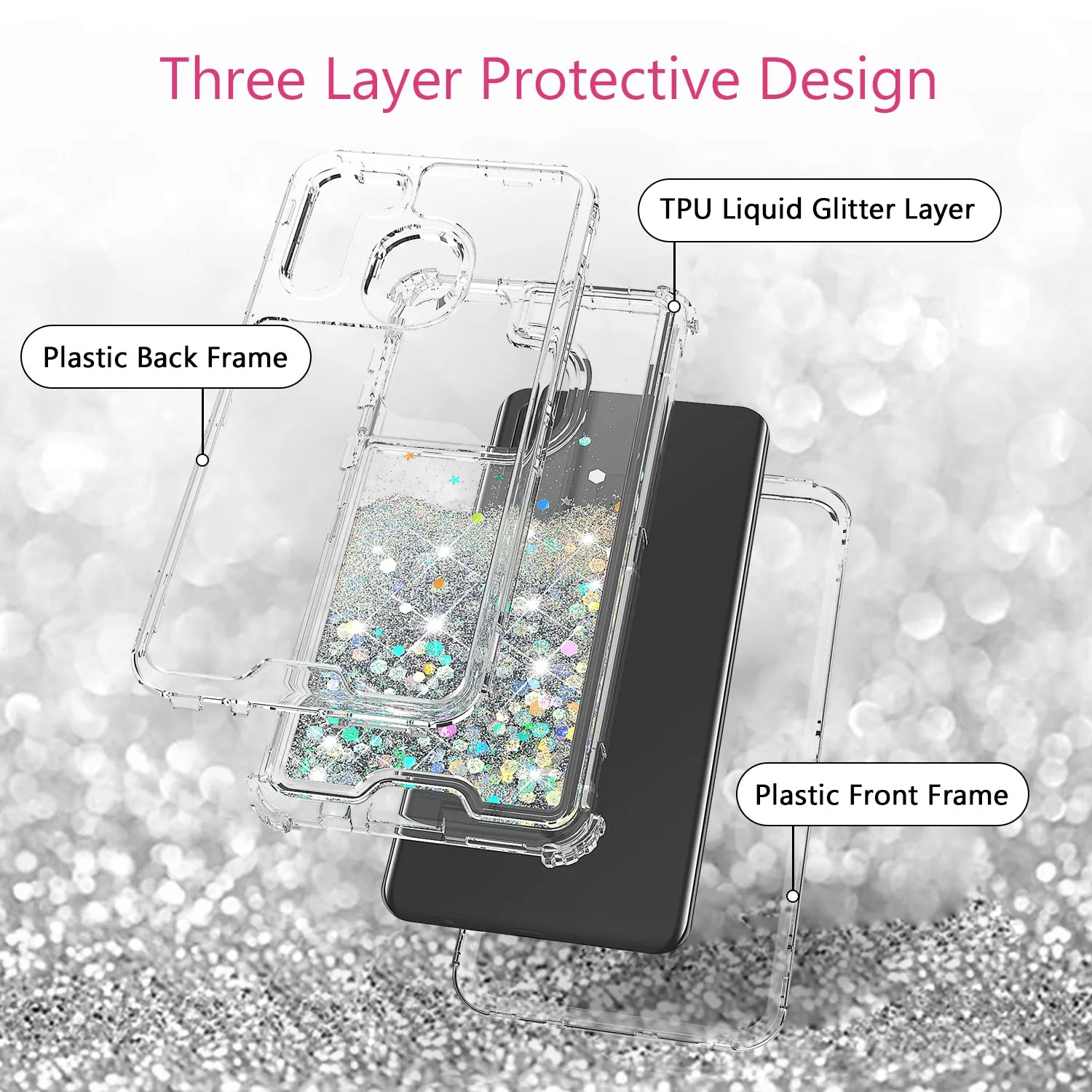 Samsung Galaxy A11 Case,Hard Clear Glitter Sparkle Flowing Liquid Heavy Duty Shockproof Three Layer Protective Bling Girls Women Cases for Samsung Galaxy A11 - Clear