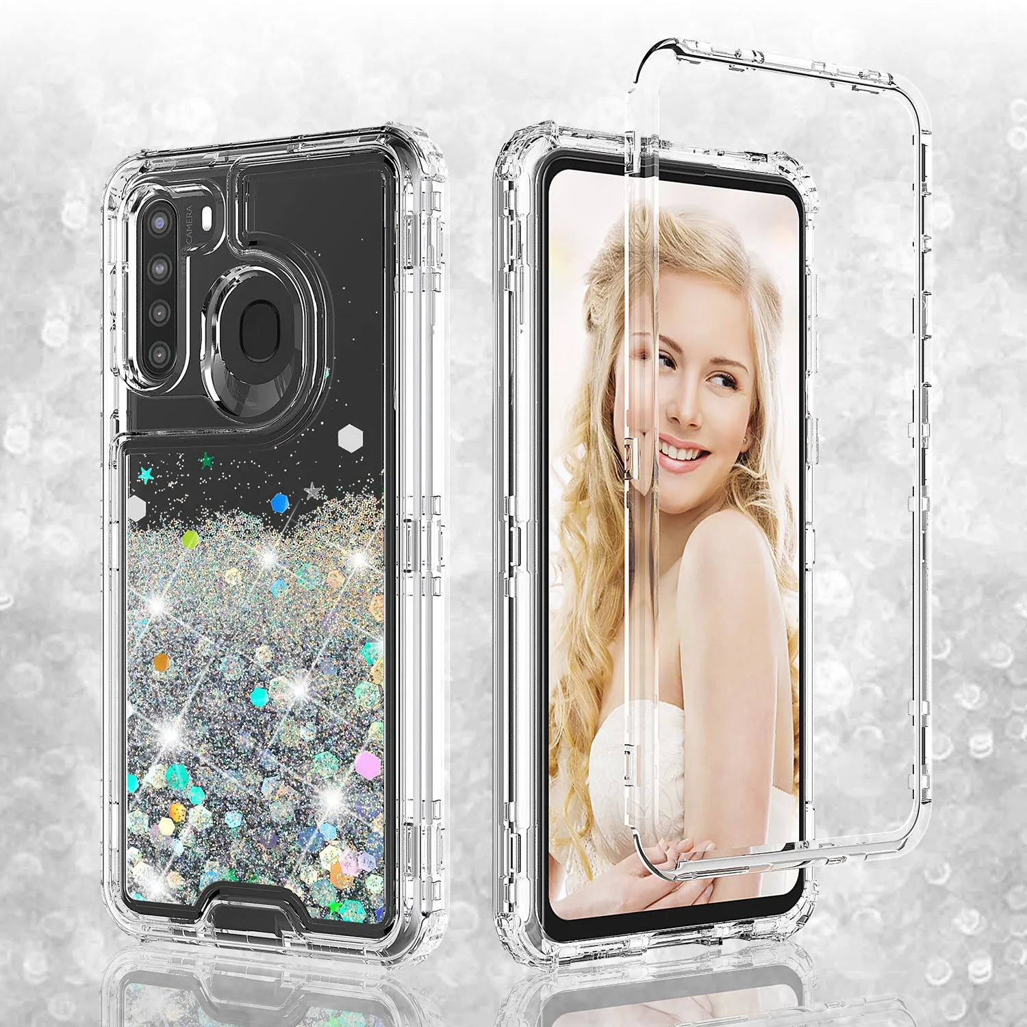 Samsung Galaxy A11 Case,Hard Clear Glitter Sparkle Flowing Liquid Heavy Duty Shockproof Three Layer Protective Bling Girls Women Cases for Samsung Galaxy A11 - Clear