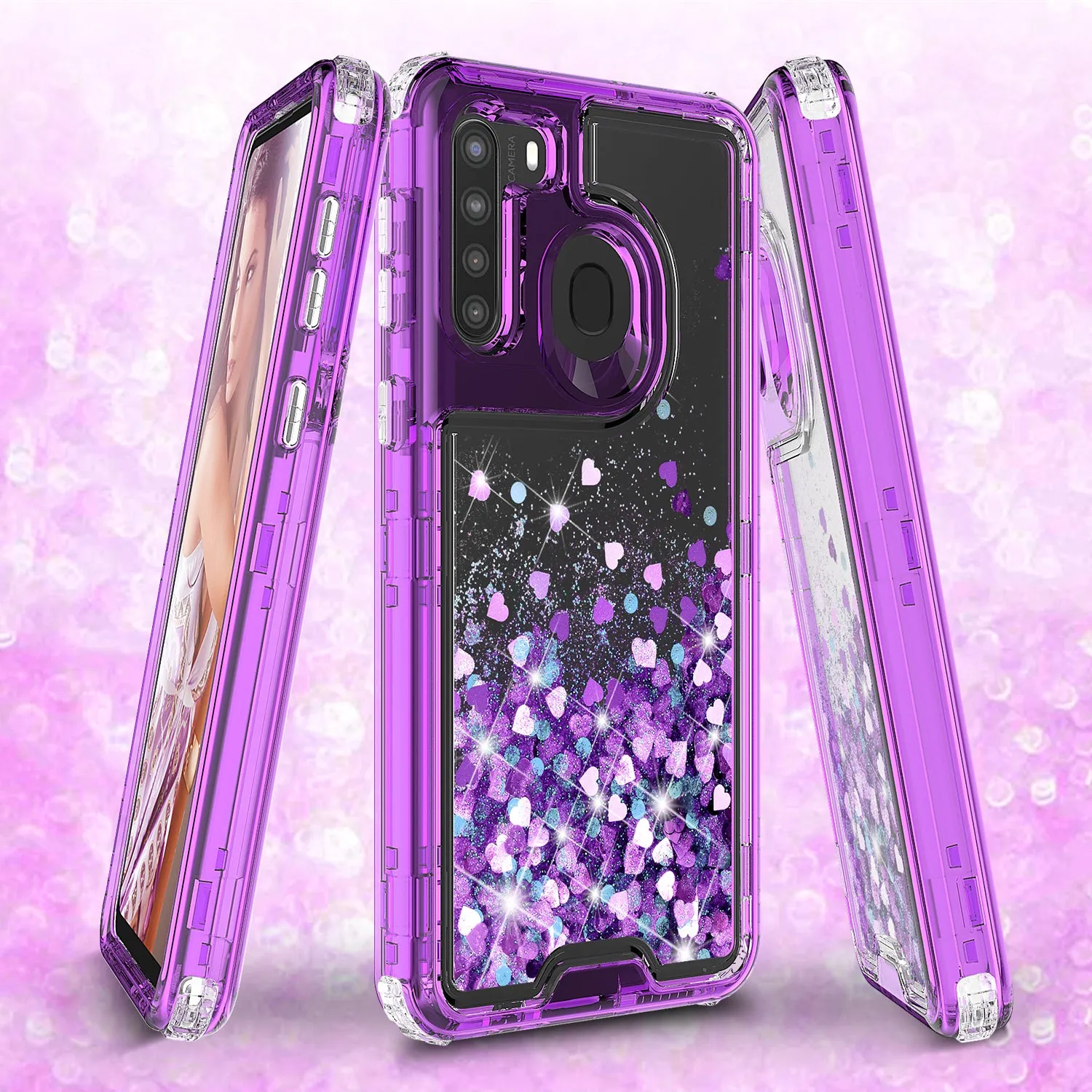 Samsung Galaxy A21 Case,Hard Clear Glitter Sparkle Flowing Liquid Heavy Duty Shockproof Three Layer Protective Bling Girls Women Cases for Samsung Galaxy A21 - Purple