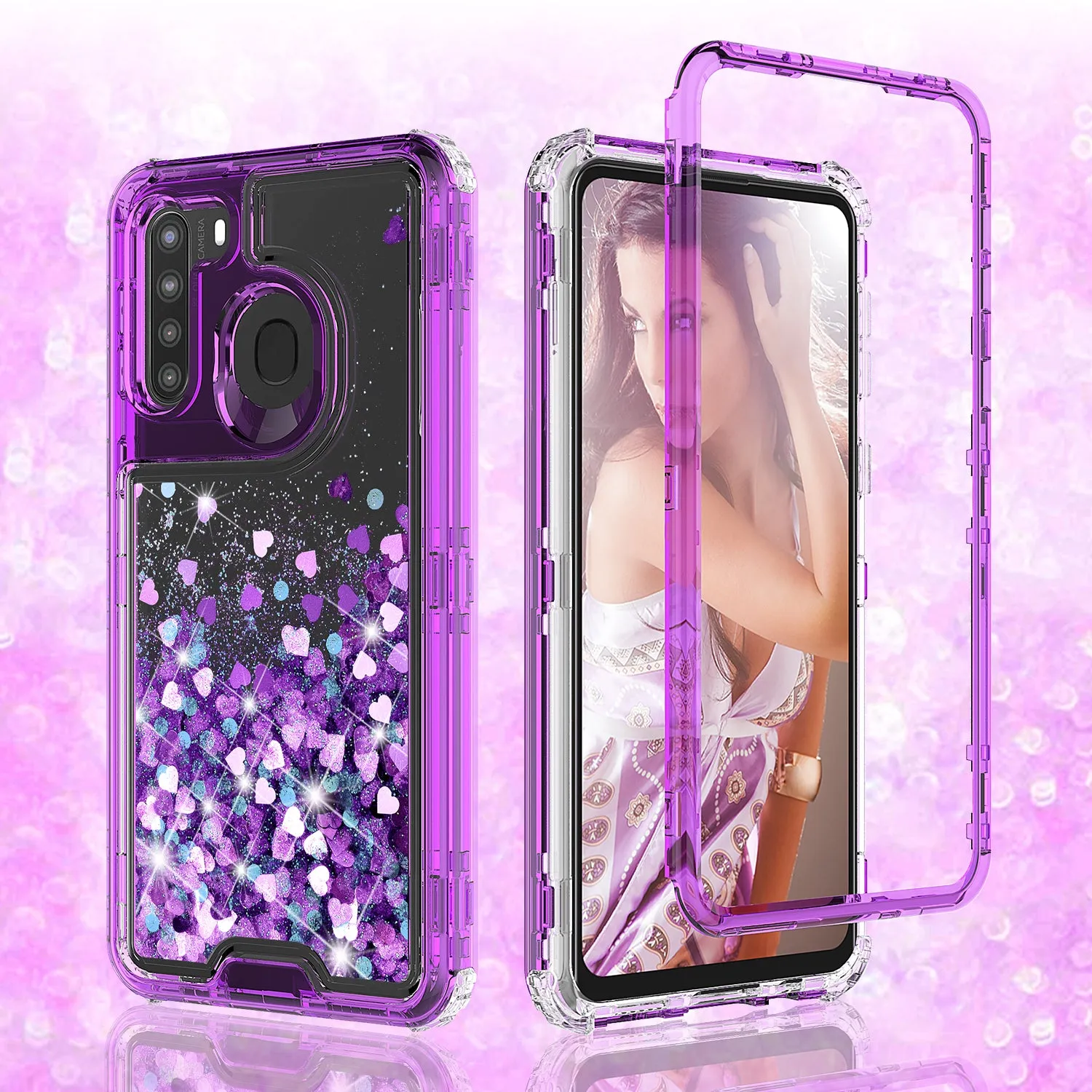 Samsung Galaxy A21 Case,Hard Clear Glitter Sparkle Flowing Liquid Heavy Duty Shockproof Three Layer Protective Bling Girls Women Cases for Samsung Galaxy A21 - Purple