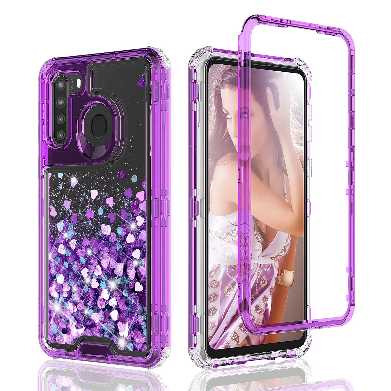 Samsung Galaxy A21 Case,Hard Clear Glitter Sparkle Flowing Liquid Heavy Duty Shockproof Three Layer Protective Bling Girls Women Cases for Samsung Galaxy A21 - Purple