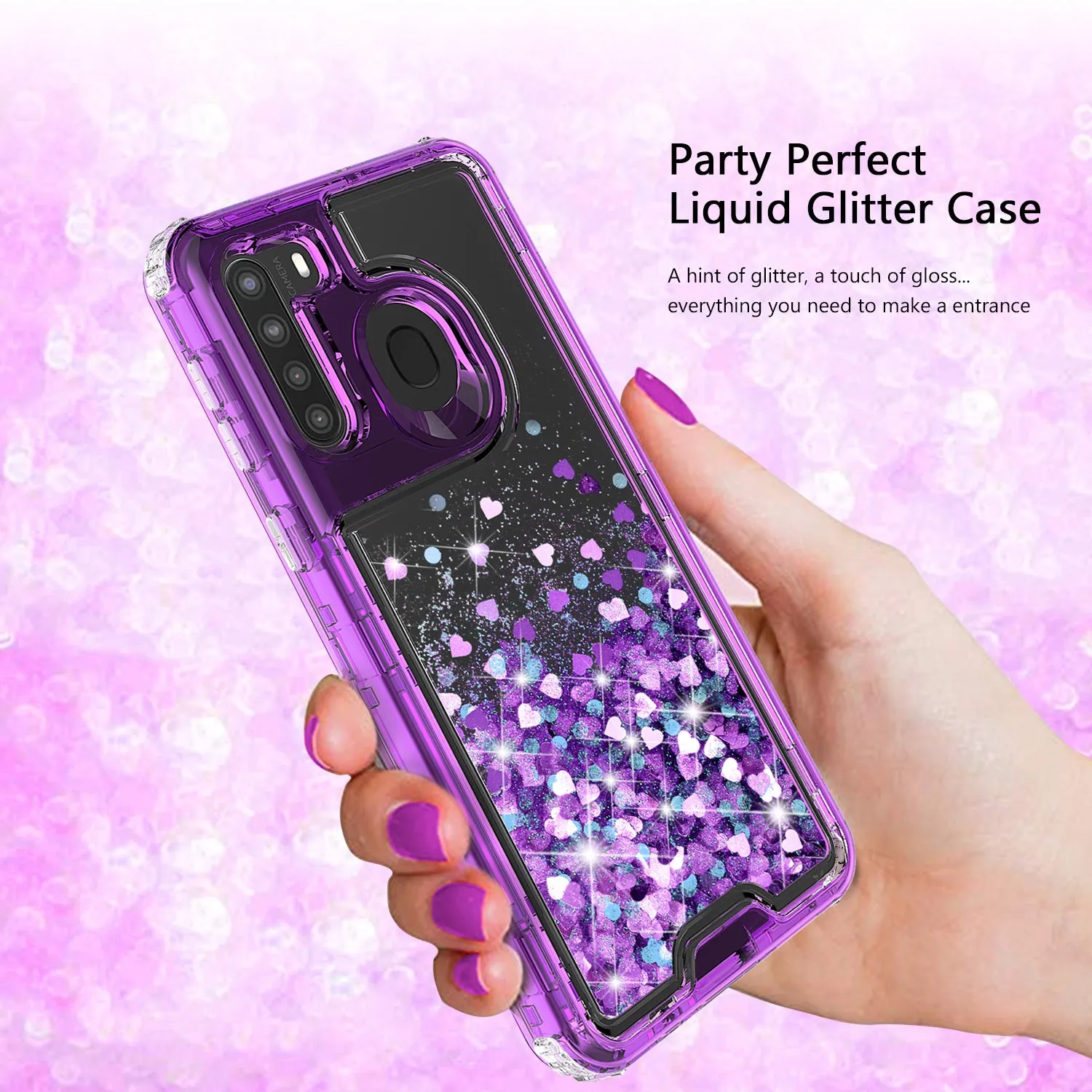 Samsung Galaxy A21 Case,Hard Clear Glitter Sparkle Flowing Liquid Heavy Duty Shockproof Three Layer Protective Bling Girls Women Cases for Samsung Galaxy A21 - Purple