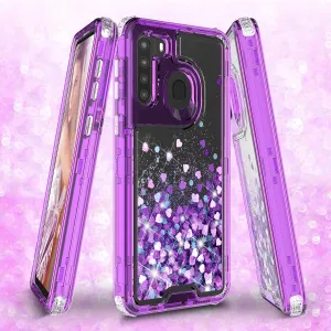 Samsung Galaxy A21 Case,Hard Clear Glitter Sparkle Flowing Liquid Heavy Duty Shockproof Three Layer Protective Bling Girls Women Cases for Samsung Galaxy A21 - Purple