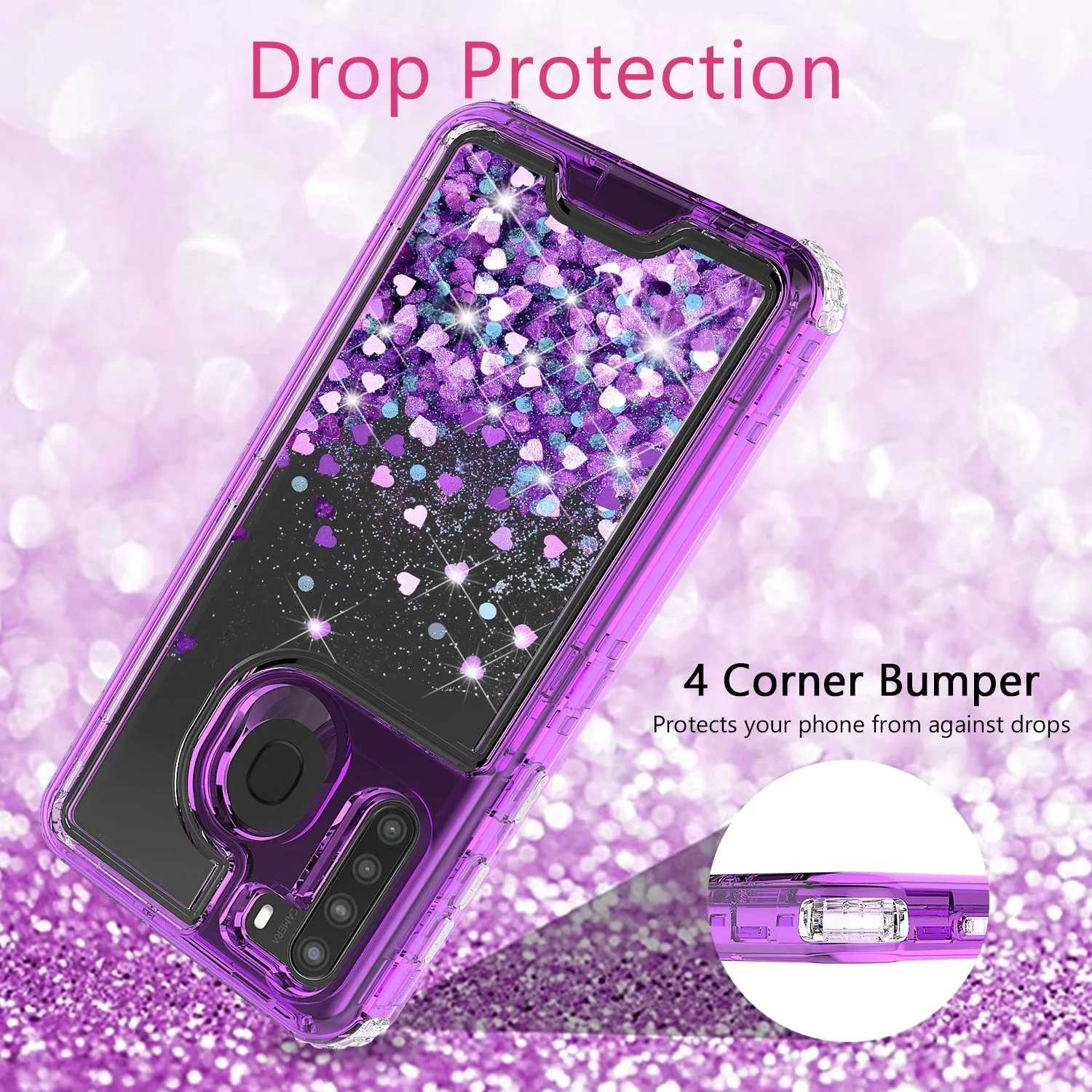 Samsung Galaxy A21 Case,Hard Clear Glitter Sparkle Flowing Liquid Heavy Duty Shockproof Three Layer Protective Bling Girls Women Cases for Samsung Galaxy A21 - Purple