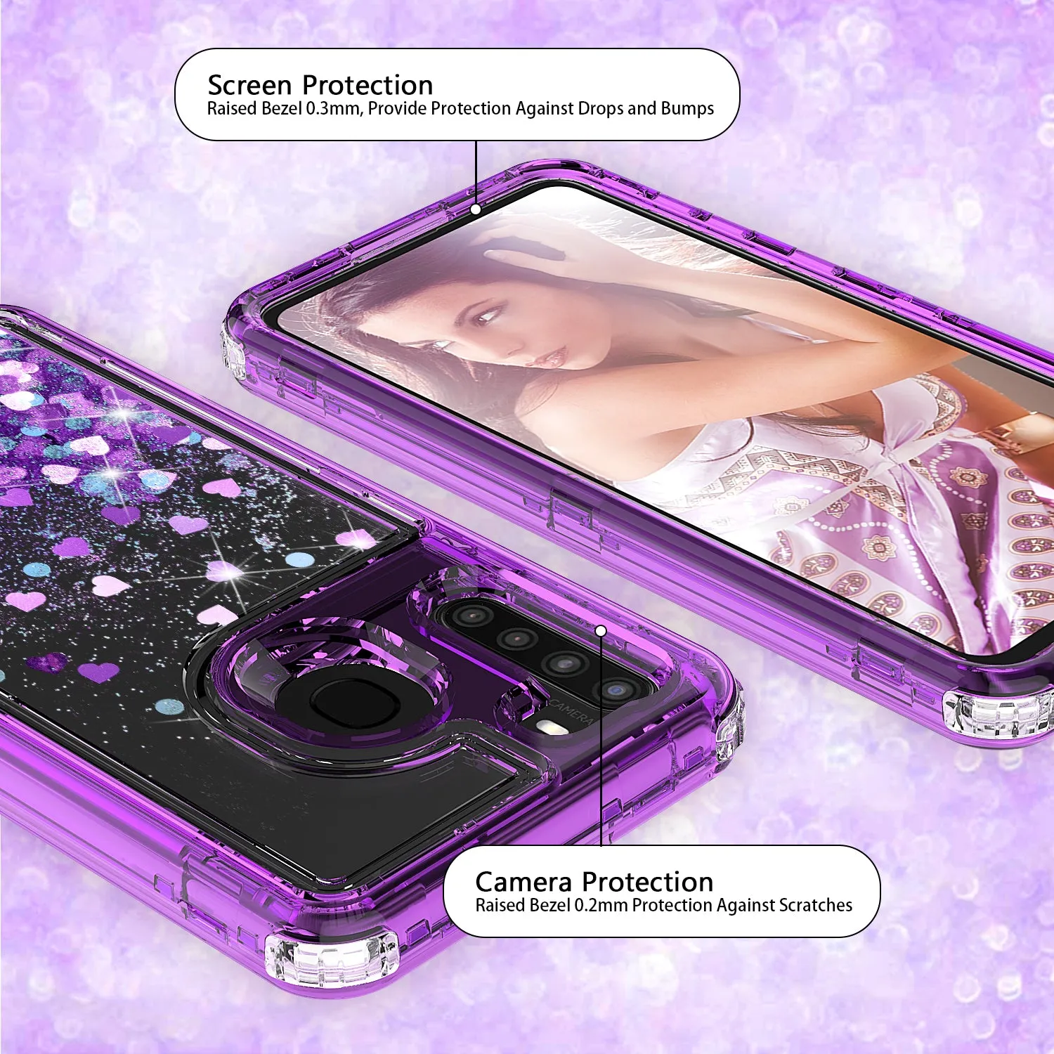 Samsung Galaxy A21 Case,Hard Clear Glitter Sparkle Flowing Liquid Heavy Duty Shockproof Three Layer Protective Bling Girls Women Cases for Samsung Galaxy A21 - Purple