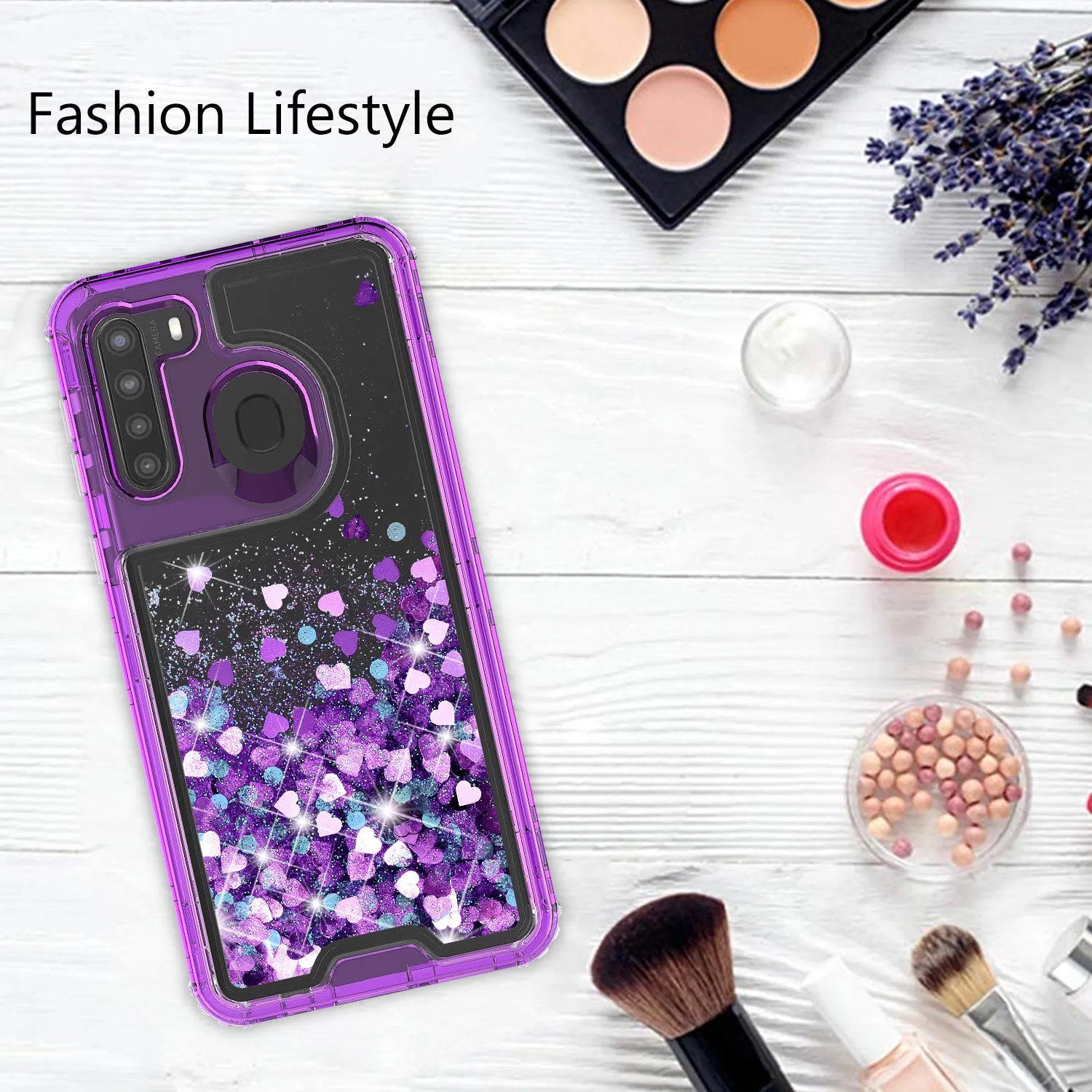 Samsung Galaxy A21 Case,Hard Clear Glitter Sparkle Flowing Liquid Heavy Duty Shockproof Three Layer Protective Bling Girls Women Cases for Samsung Galaxy A21 - Purple